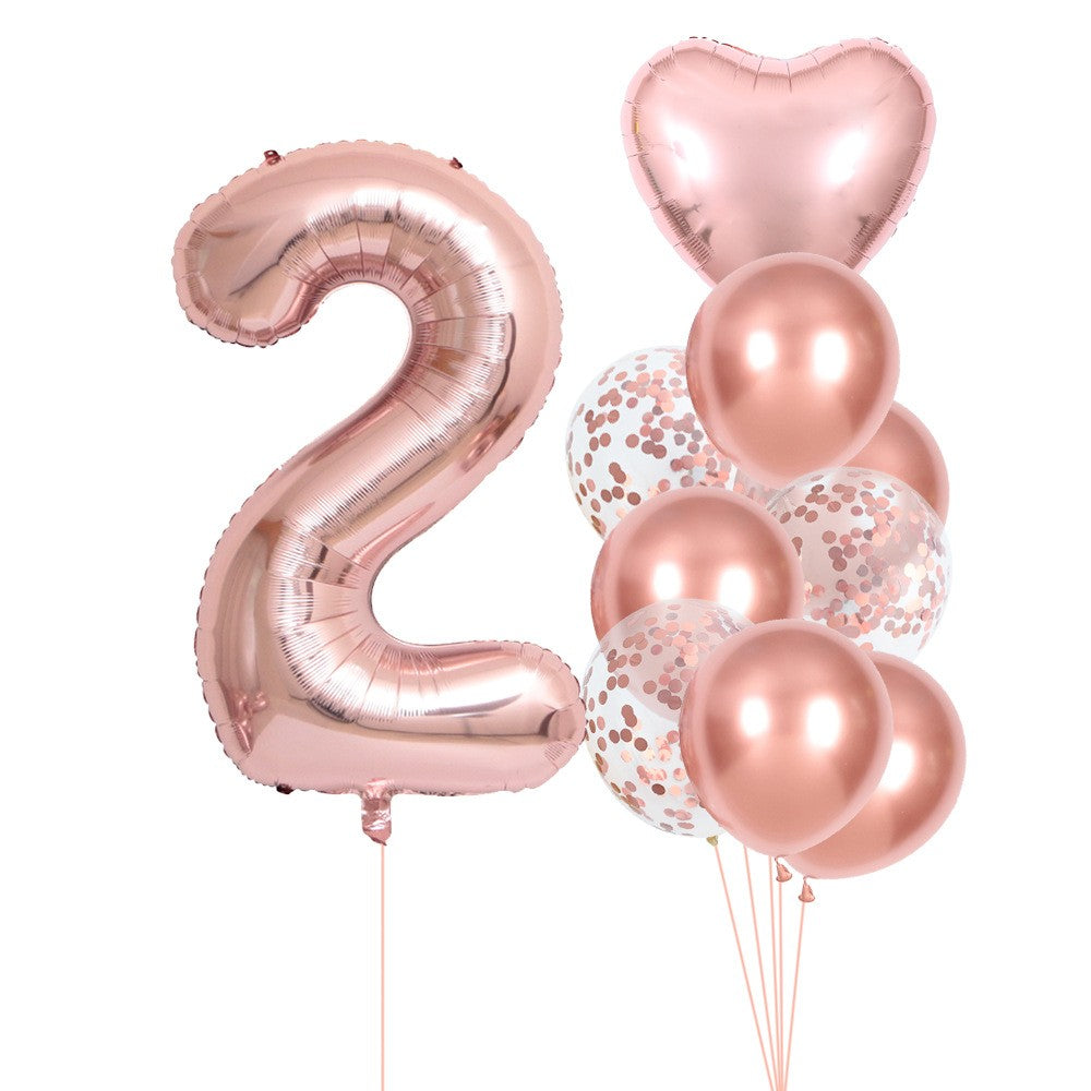 Set 10 Baloane Folie si Latex, ANGELBEAR, Tematica Aniversare, Baloane Latex 25cm, Figurina Inimioara 45 cm, Cifra 2 de 81 cm, Ambalaj Individual, Pai Inclus, Umflare cu Aer sau Heliu, Roz Pal